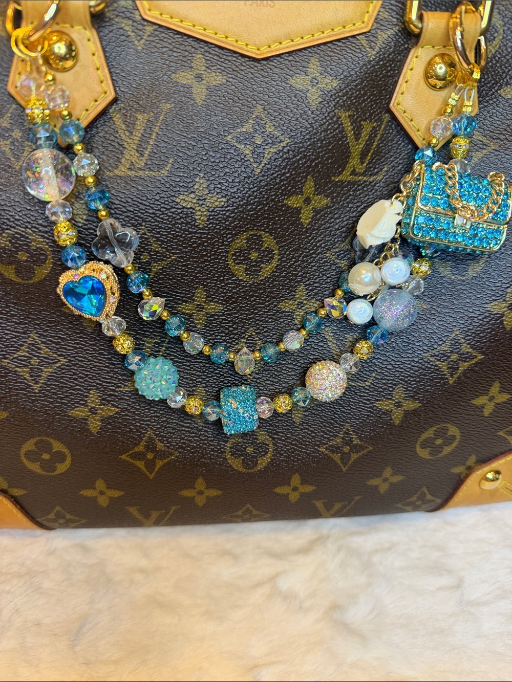 Turquoise Crystal Beaded Purse Charm with Gold Accents